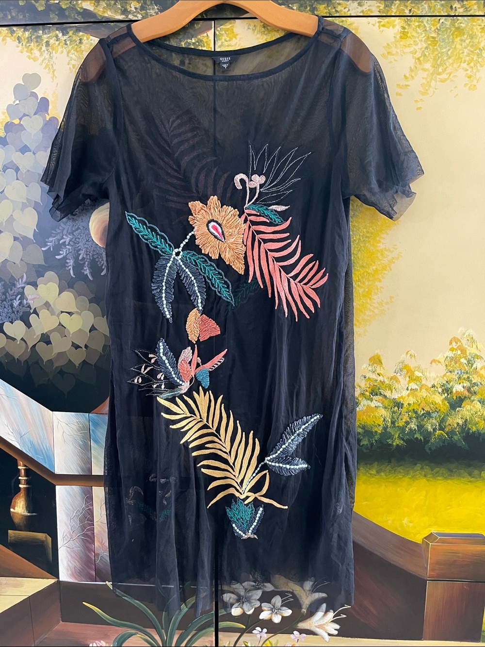 Guess by Marciano Black Sheer Tunic with Multicolor Tropical Embroidery